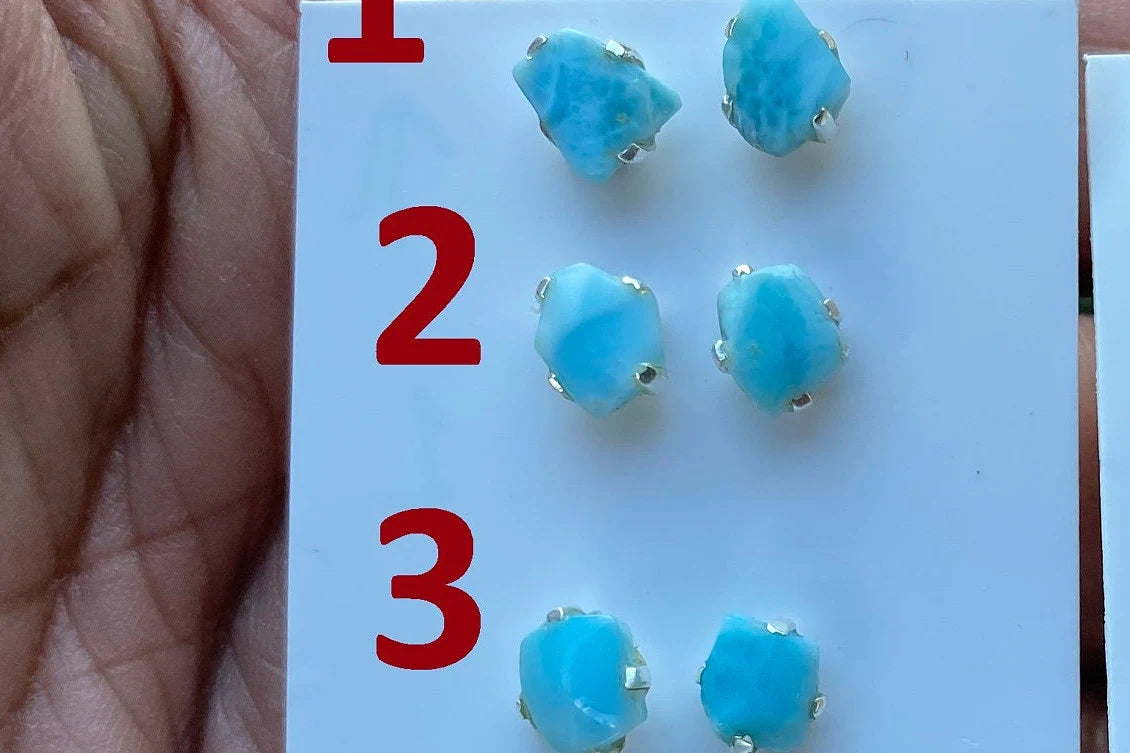 Tiny Raw Larimar Stud Earrings Sterling Silver, Larimar Earrings, Larimar Jewelry, Raw Larimar Stone, Raw Larimar Slab, Raw Larimar Crystal