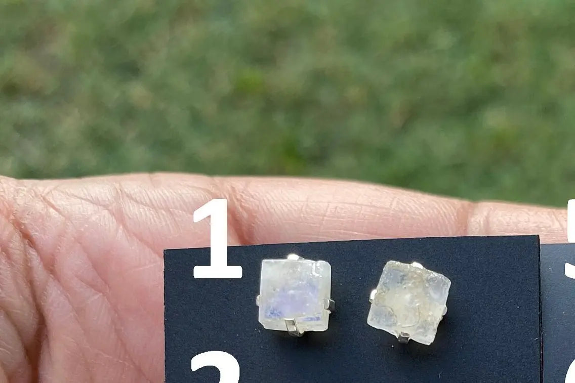 Tiny Raw Moonstone Post Earrings, Sterling Silver Earrings, Prong Stud Earring, Rainbow Moonstone Earrings, Crystal Studs, June Birthstone,