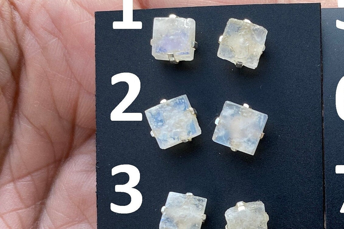Tiny Raw Moonstone Post Earrings, Sterling Silver Earrings, Prong Stud Earring, Rainbow Moonstone Earrings, Crystal Studs, June Birthstone,