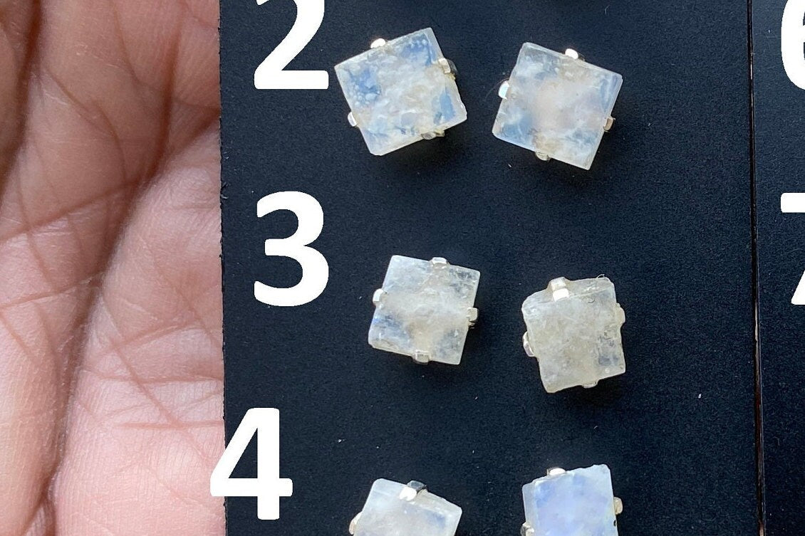 Tiny Raw Moonstone Post Earrings, Sterling Silver Earrings, Prong Stud Earring, Rainbow Moonstone Earrings, Crystal Studs, June Birthstone,