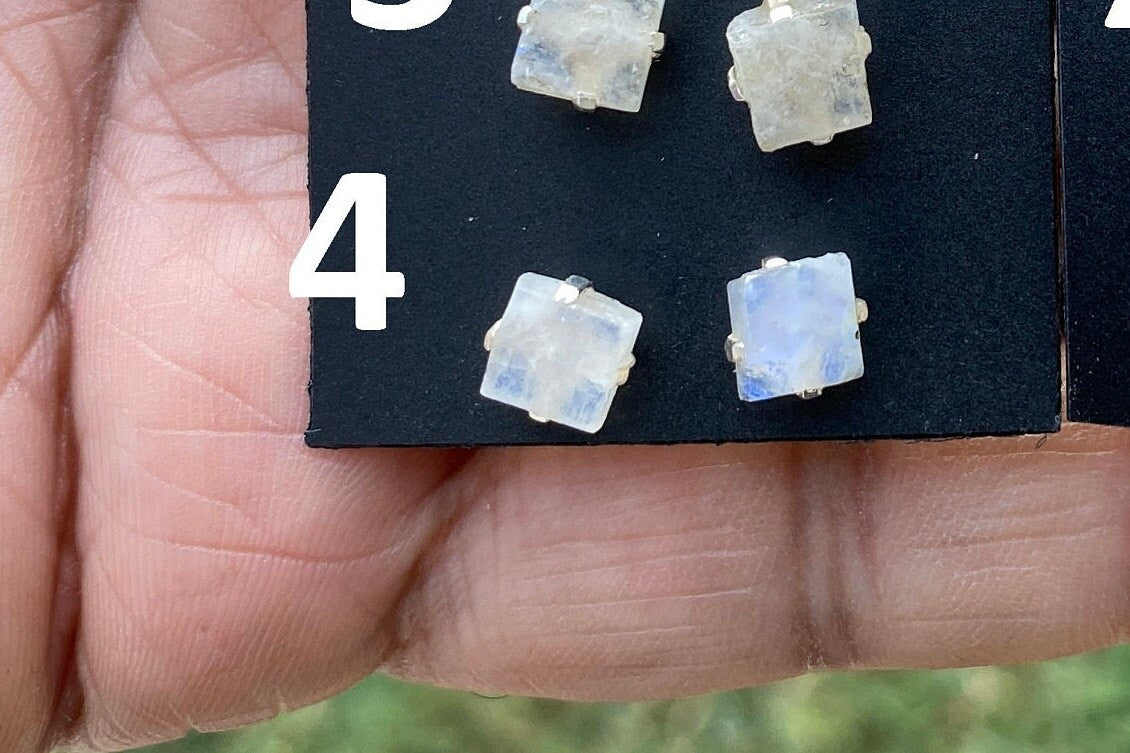 Tiny Raw Moonstone Post Earrings, Sterling Silver Earrings, Prong Stud Earring, Rainbow Moonstone Earrings, Crystal Studs, June Birthstone,
