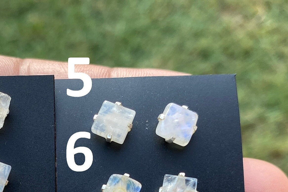 Tiny Raw Moonstone Post Earrings, Sterling Silver Earrings, Prong Stud Earring, Rainbow Moonstone Earrings, Crystal Studs, June Birthstone,