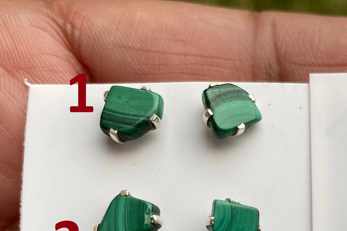 Tiny Raw Natural Malachite Sterling Silver Stud Earrings, Tiny Malachite Earrings, Malachite Jewelry, Heart Chakra Stone, Freeform Malachite