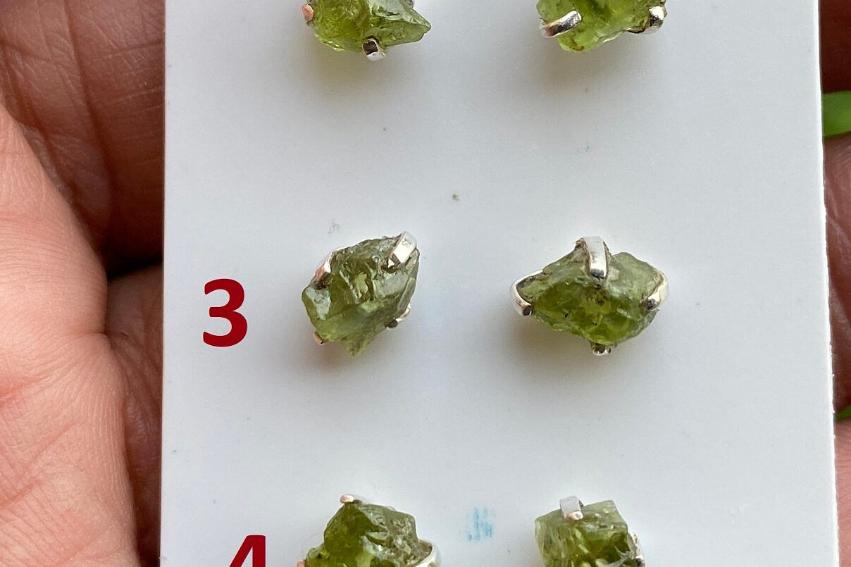 Tiny Raw Natural Peridot Gemstone Sterling Silver Stud Earrings, Peridot Earrings, Natural Stone Prong Stud Earring, August Birthstone