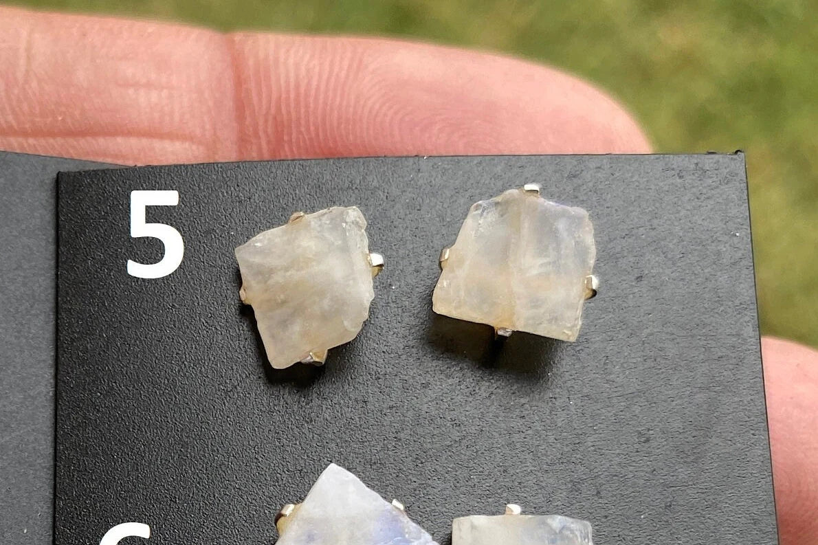 Tiny Raw Rainbow Moonstone Stud Earrings, Sterling Silver Earrings, Prong Stud Earring, Moonstone Earring, Crystal Stud, June Birthstone