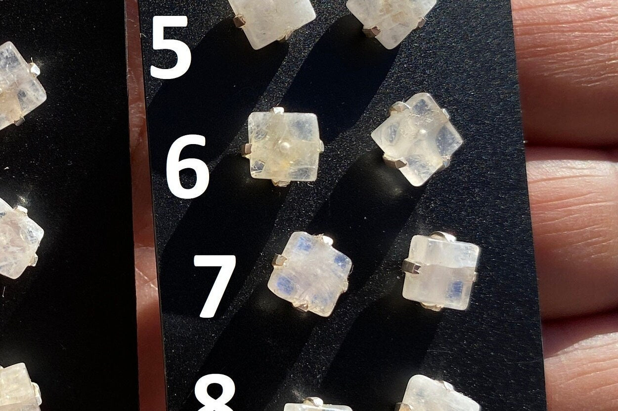 Tiny Raw Rainbow Natural Moonstone Gemstone Stud Earrings, Sterling Silver Earrings, Prong Stud Earring, Crystal Stud, June Birthstone