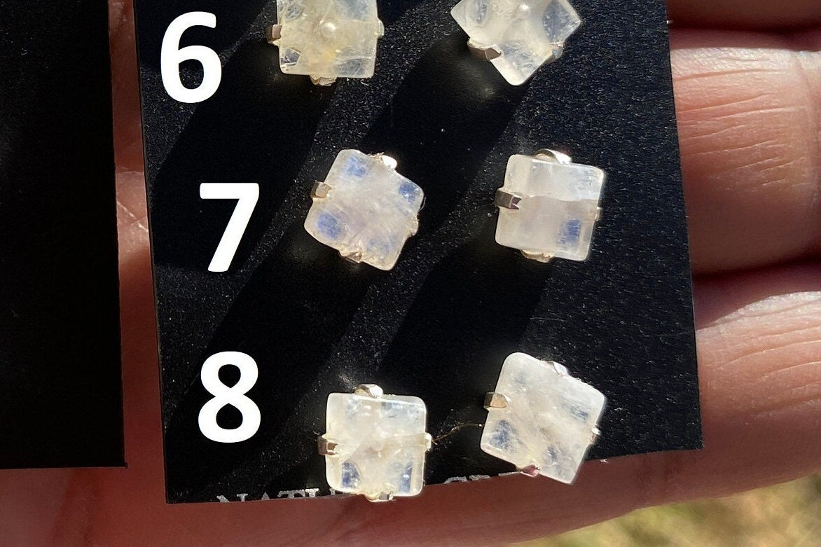 Tiny Raw Rainbow Natural Moonstone Gemstone Stud Earrings, Sterling Silver Earrings, Prong Stud Earring, Crystal Stud, June Birthstone