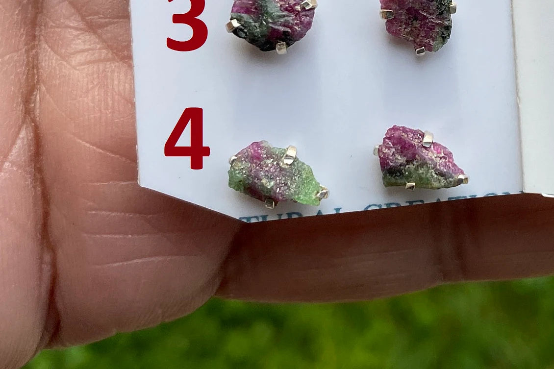 Tiny Raw Ruby Zoisite Gemstone Stud Earrings, Sterling Silver Earrings, Rough Gemstone, Prong Stud, Healing Crystal Earring, Gift for Girls