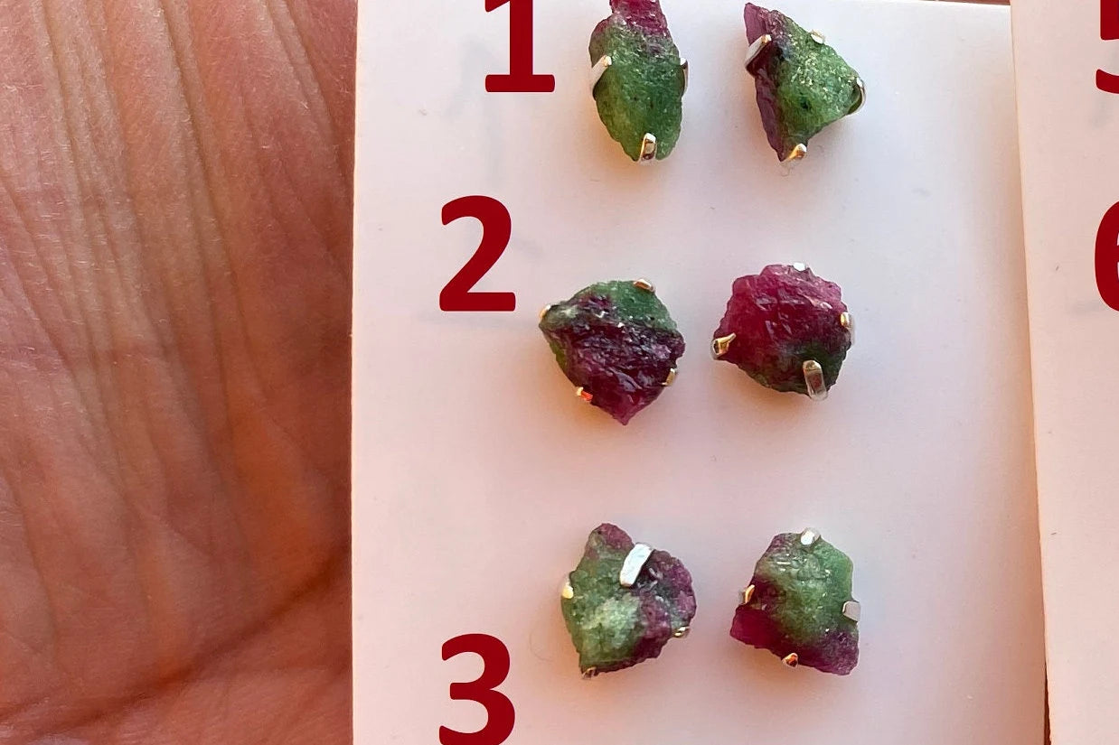 Tiny Raw Ruby Zoisite Gemstone Stud Earrings, Sterling Silver Earrings, Rough Gemstone, Prong Stud, Healing Crystal Earring, Gift for Girls