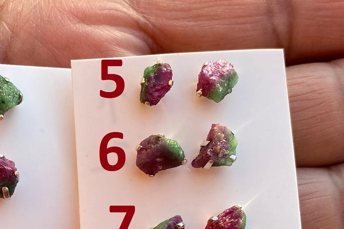 Tiny Raw Ruby Zoisite Gemstone Stud Earrings, Sterling Silver Earrings, Rough Gemstone, Prong Stud, Healing Crystal Earring, Gift for Girls
