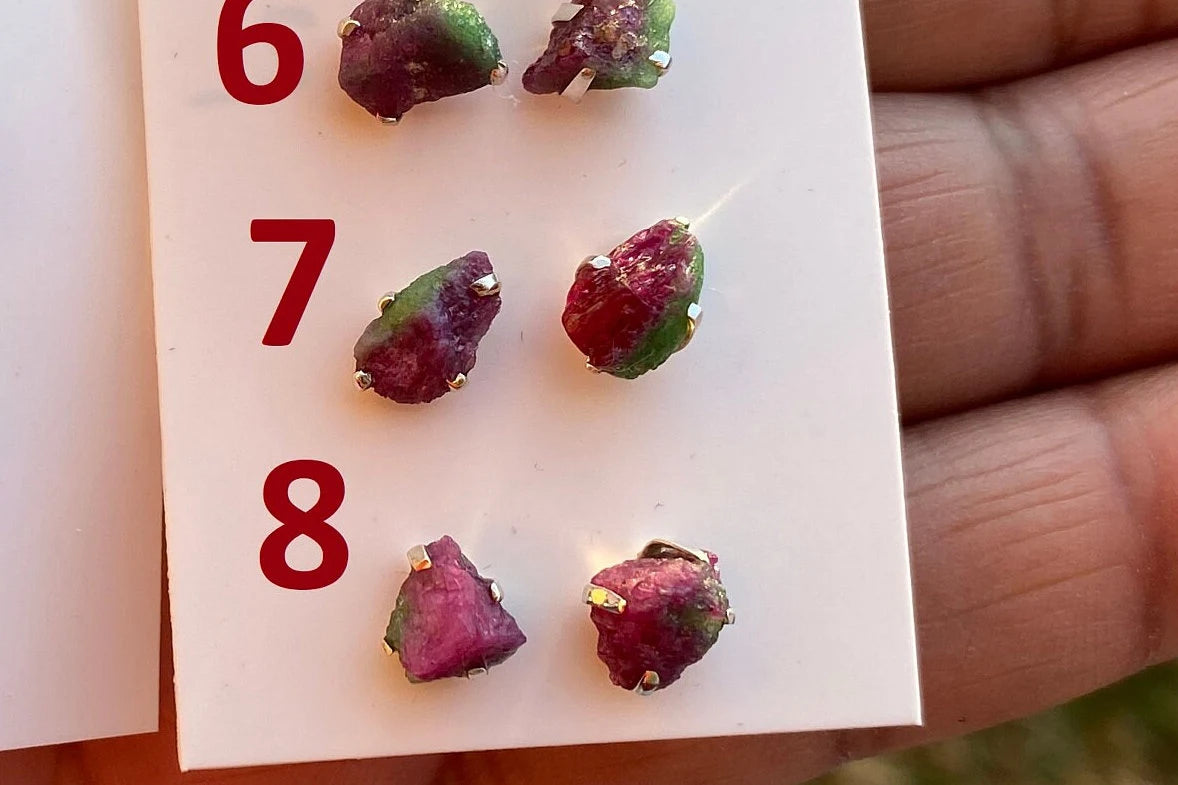 Tiny Raw Ruby Zoisite Gemstone Stud Earrings, Sterling Silver Earrings, Rough Gemstone, Prong Stud, Healing Crystal Earring, Gift for Girls