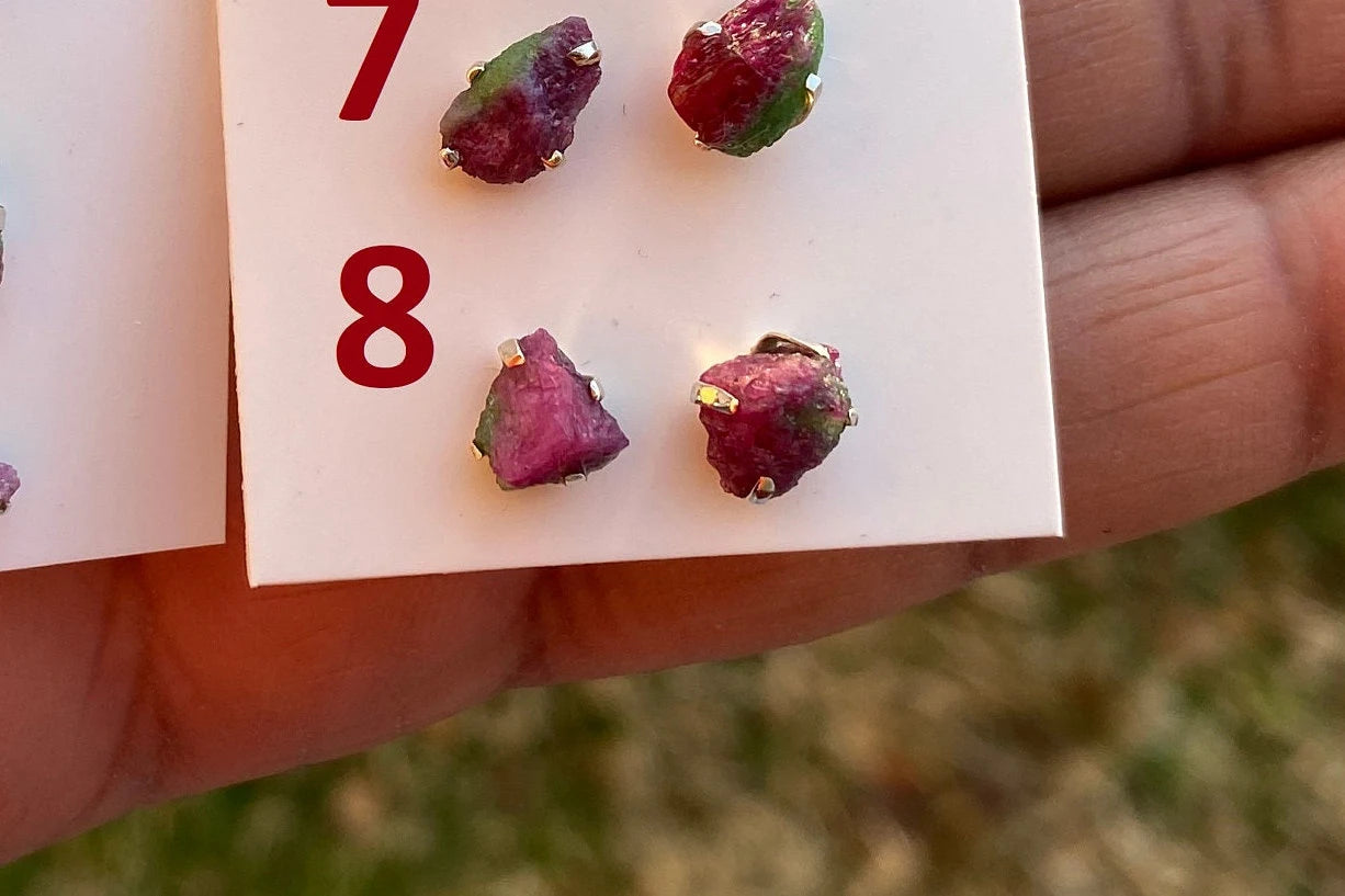 Tiny Raw Ruby Zoisite Gemstone Stud Earrings, Sterling Silver Earrings, Rough Gemstone, Prong Stud, Healing Crystal Earring, Gift for Girls