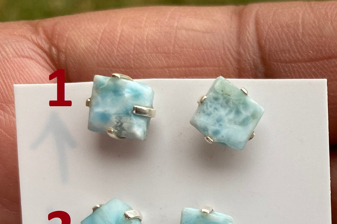 Tiny Rough Larimar Sterling Silver Stud Earrings, Larimar Earring, Larimar Jewelry, Raw Larimar Stone, Raw Larimar Slab, Raw Larimar Crystal