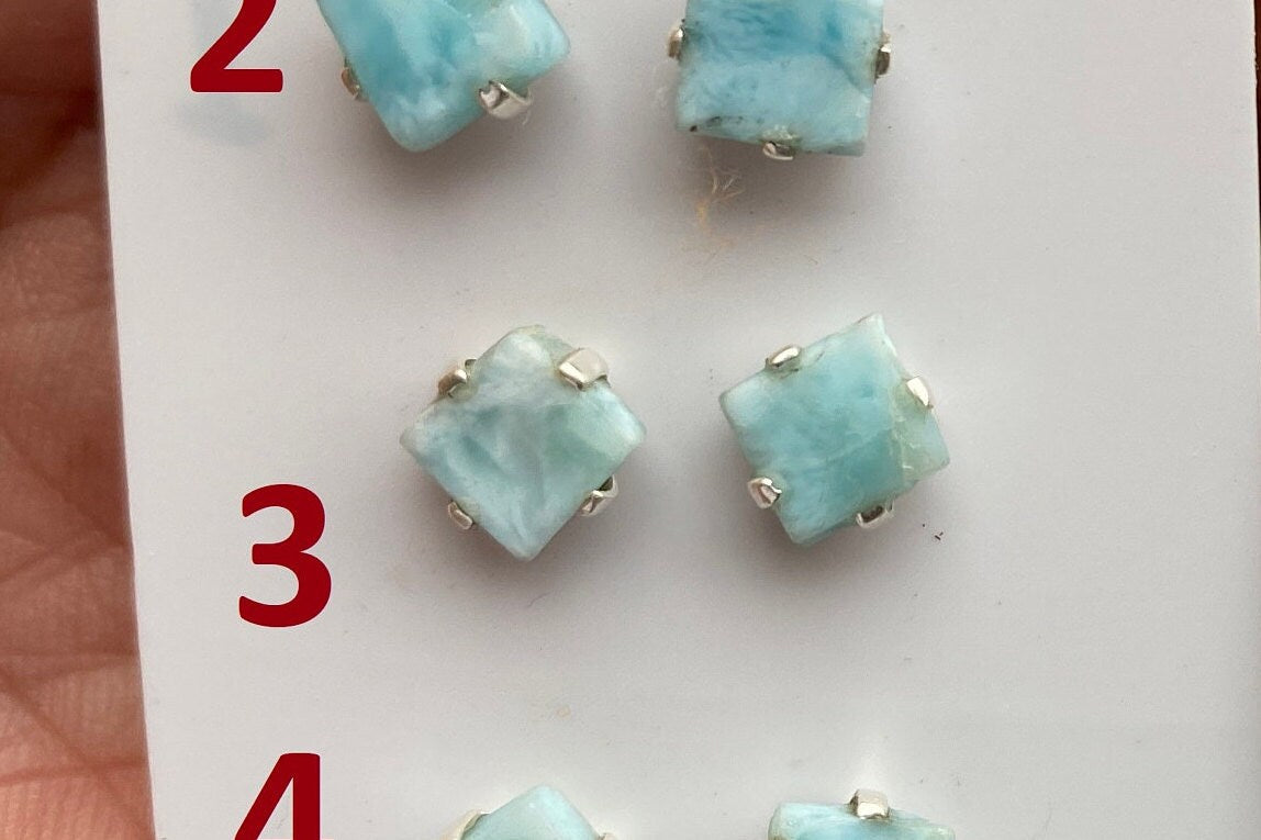 Tiny Rough Larimar Sterling Silver Stud Earrings, Larimar Earring, Larimar Jewelry, Raw Larimar Stone, Raw Larimar Slab, Raw Larimar Crystal