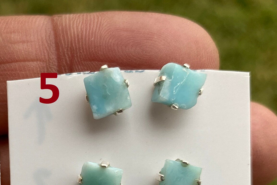 Tiny Rough Larimar Sterling Silver Stud Earrings, Larimar Earring, Larimar Jewelry, Raw Larimar Stone, Raw Larimar Slab, Raw Larimar Crystal