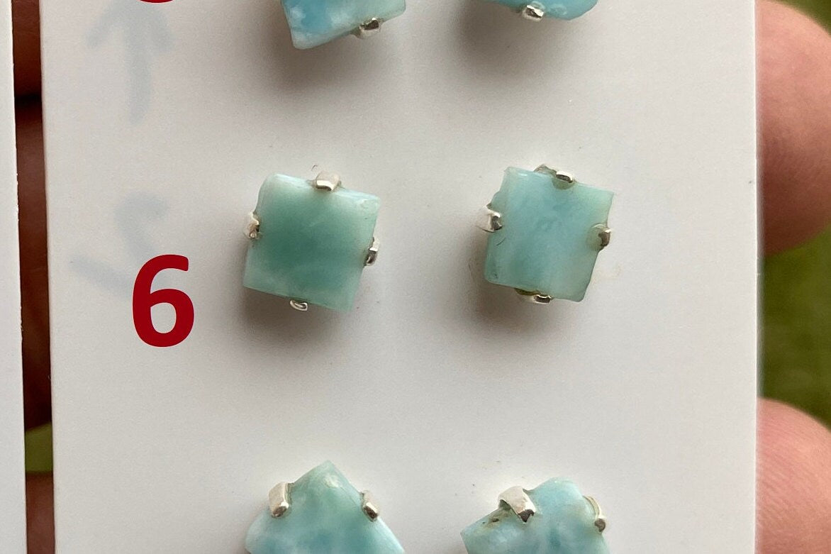 Tiny Rough Larimar Sterling Silver Stud Earrings, Larimar Earring, Larimar Jewelry, Raw Larimar Stone, Raw Larimar Slab, Raw Larimar Crystal