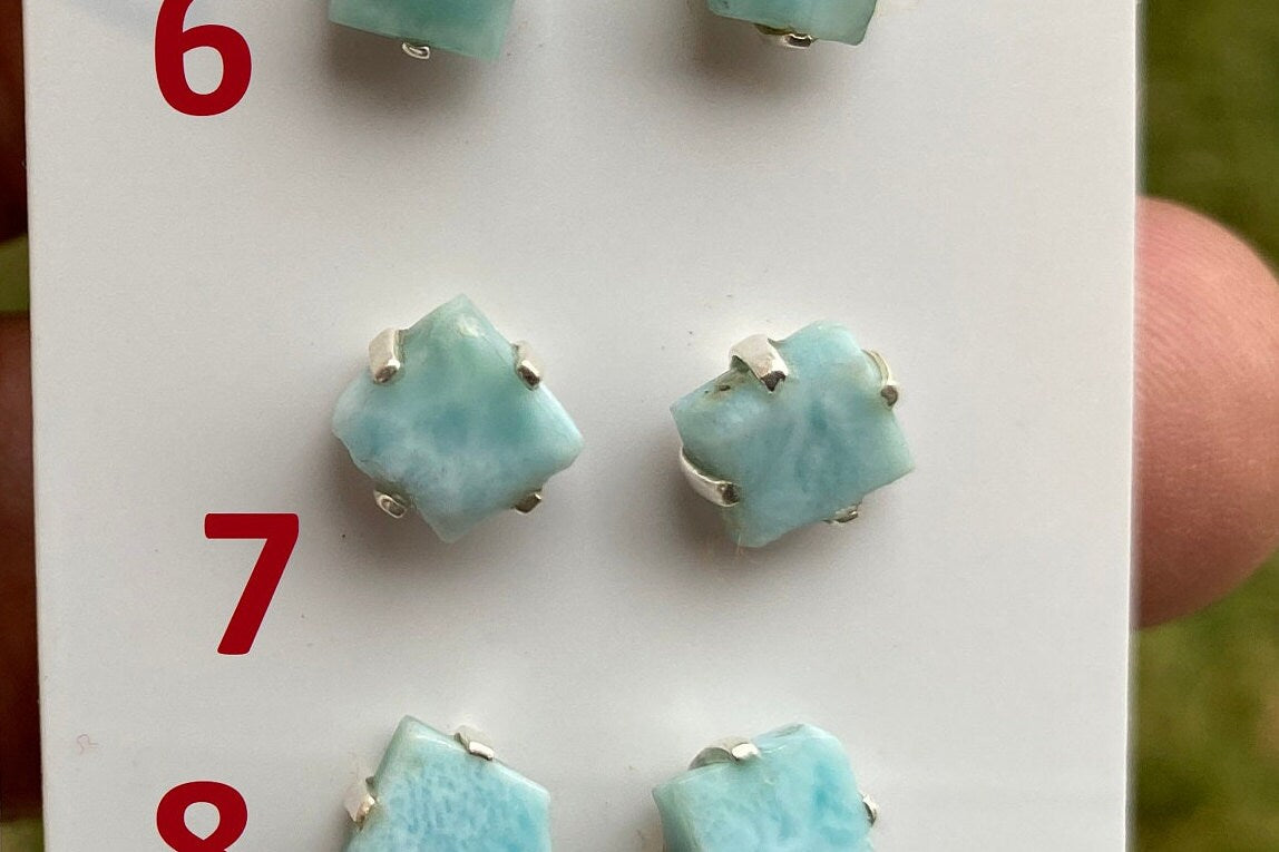 Tiny Rough Larimar Sterling Silver Stud Earrings, Larimar Earring, Larimar Jewelry, Raw Larimar Stone, Raw Larimar Slab, Raw Larimar Crystal