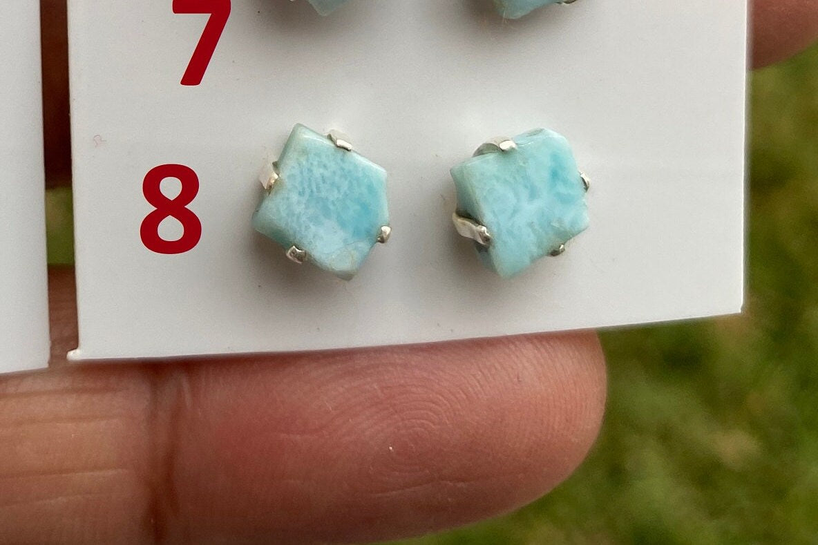 Tiny Rough Larimar Sterling Silver Stud Earrings, Larimar Earring, Larimar Jewelry, Raw Larimar Stone, Raw Larimar Slab, Raw Larimar Crystal