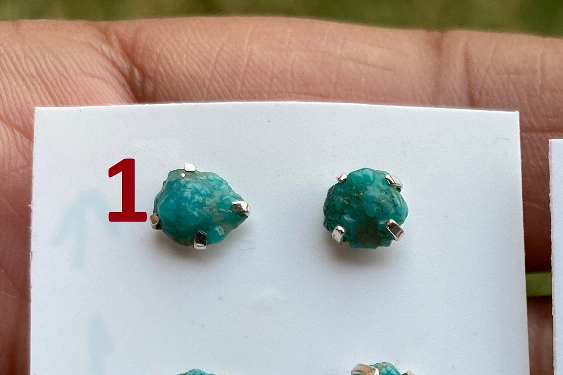 Tiny Rough Natural Turquoise Stud Earrings, Sterling Silver, Blue Stone Earring, Turquoise Jewelry, Prong Stud Earring, December Birthstone