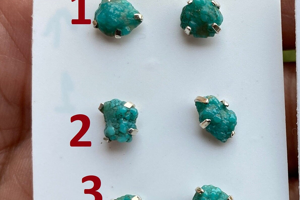 Tiny Rough Natural Turquoise Stud Earrings, Sterling Silver, Blue Stone Earring, Turquoise Jewelry, Prong Stud Earring, December Birthstone