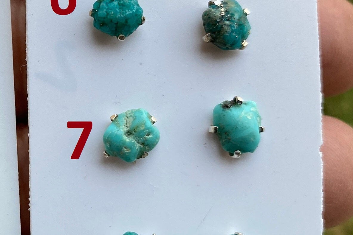 Tiny Rough Natural Turquoise Stud Earrings, Sterling Silver, Blue Stone Earring, Turquoise Jewelry, Prong Stud Earring, December Birthstone