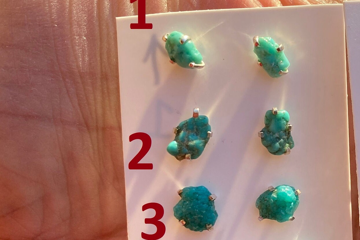 Tiny Rough Natural Turquoise Stud Earrings, Sterling Silver, Blue Stone Earring, Turquoise Jewelry, Prong Stud Earring, December Birthstone