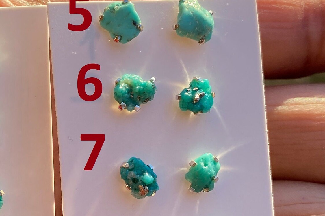 Tiny Rough Natural Turquoise Stud Earrings, Sterling Silver, Blue Stone Earring, Turquoise Jewelry, Prong Stud Earring, December Birthstone