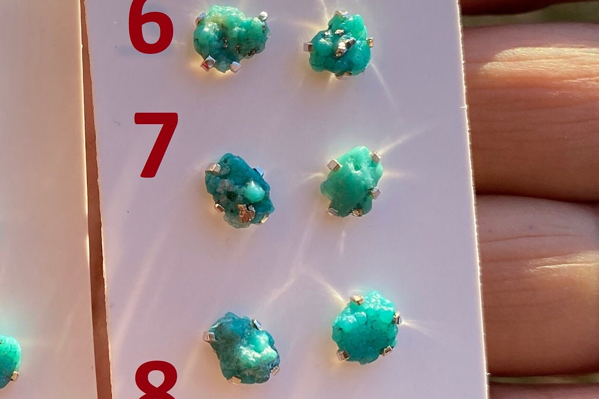 Tiny Rough Natural Turquoise Stud Earrings, Sterling Silver, Blue Stone Earring, Turquoise Jewelry, Prong Stud Earring, December Birthstone