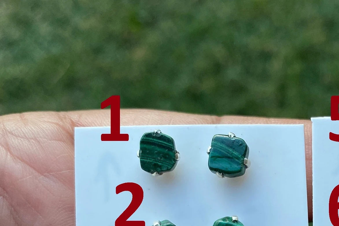 Tiny Sterling Silver Stud Earrings, Raw Natural Chip Malachite Gemstone, Tiny Malachite Earrings, Malachite Jewelry, Heart Chakra Stone,