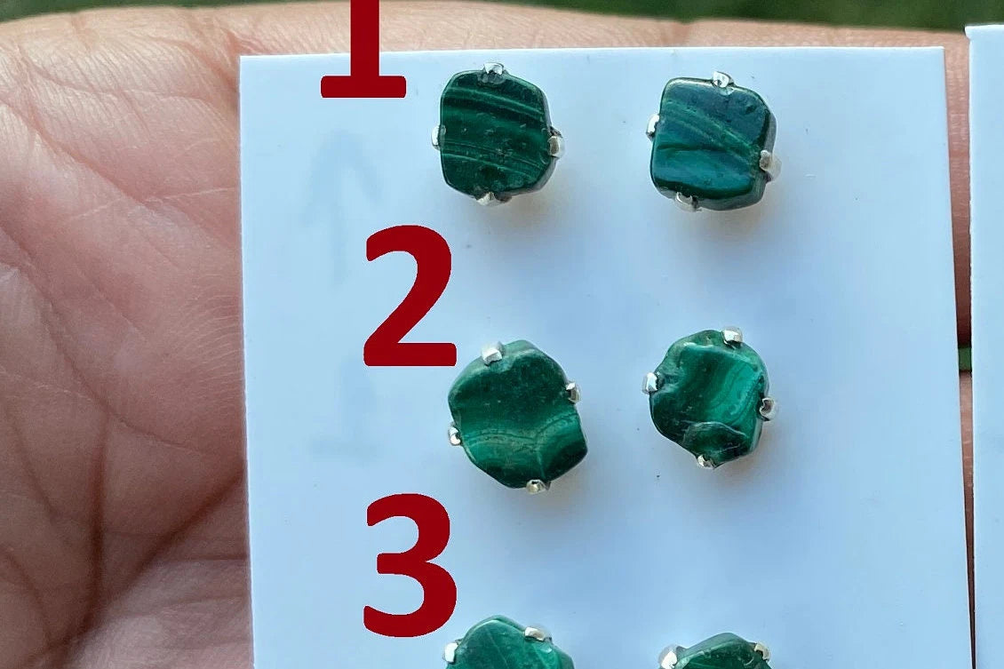 Tiny Sterling Silver Stud Earrings, Raw Natural Chip Malachite Gemstone, Tiny Malachite Earrings, Malachite Jewelry, Heart Chakra Stone,