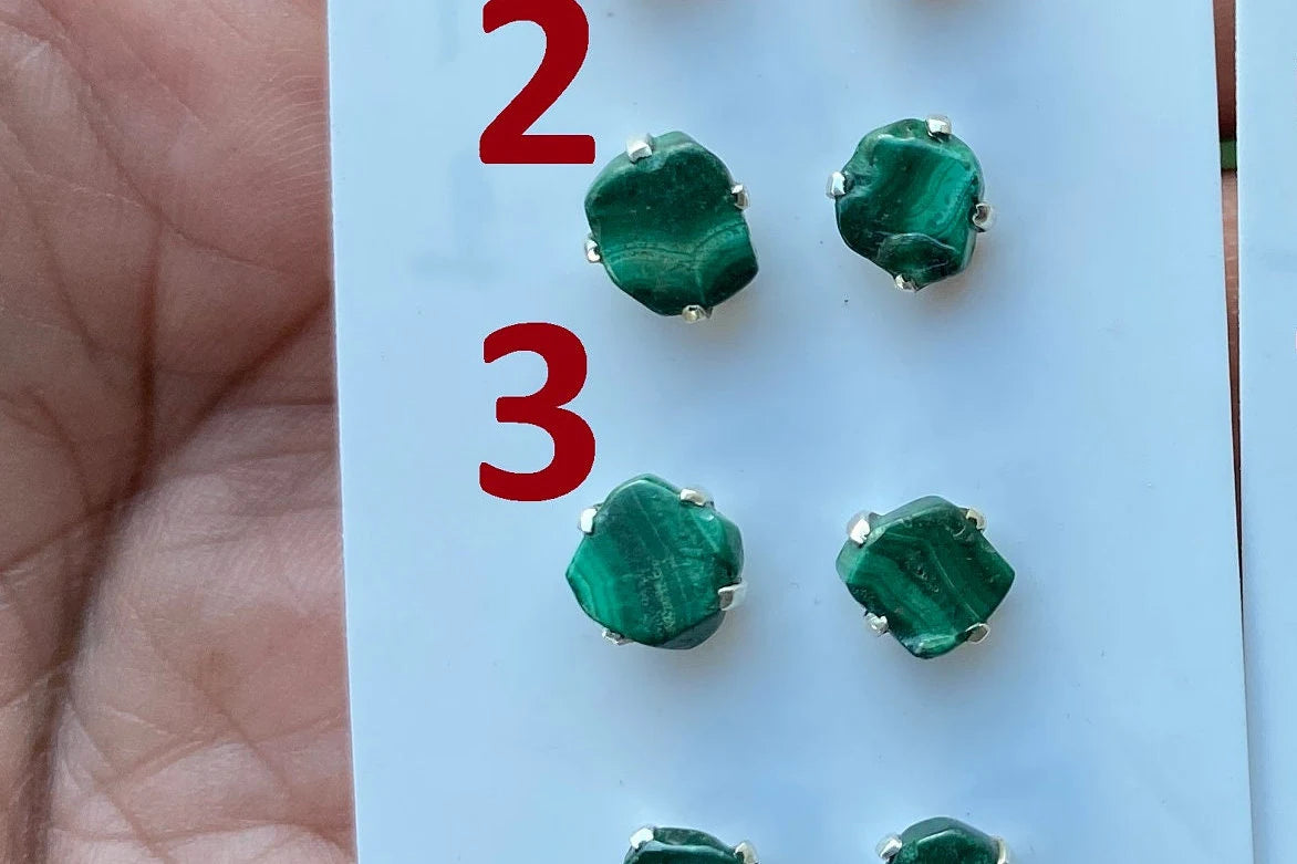 Tiny Sterling Silver Stud Earrings, Raw Natural Chip Malachite Gemstone, Tiny Malachite Earrings, Malachite Jewelry, Heart Chakra Stone,