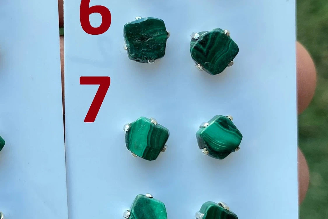 Tiny Sterling Silver Stud Earrings, Raw Natural Chip Malachite Gemstone, Tiny Malachite Earrings, Malachite Jewelry, Heart Chakra Stone,