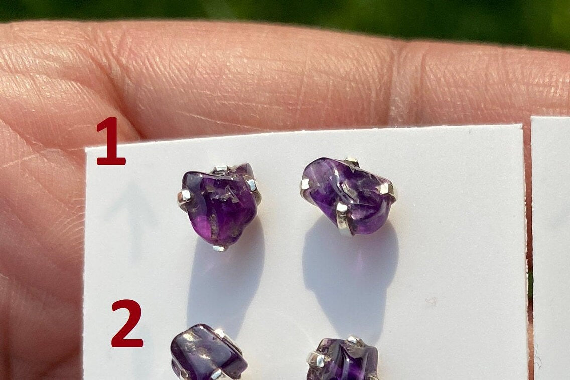 Tiny Raw Amethyst Sterling Silver Earring, Raw Prong Set Stud Earrings, Amethyst Stud Earring, February Birthstone, Small Gemstone Earrings