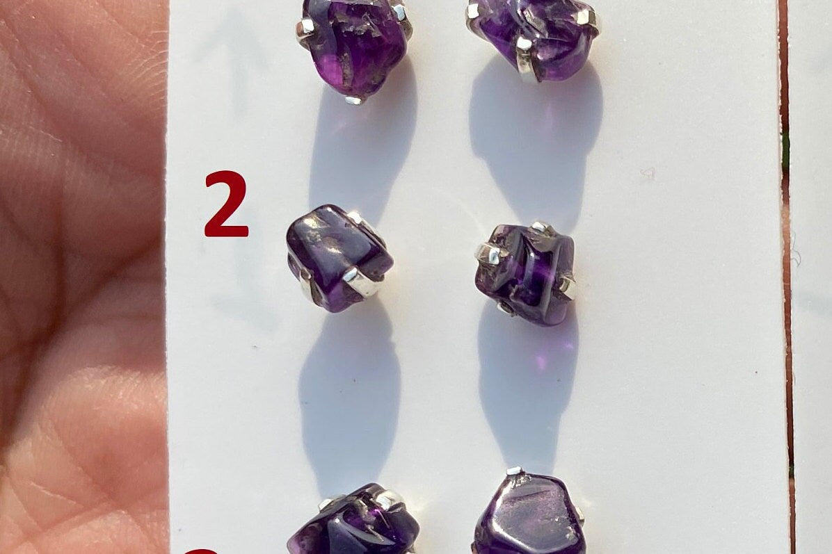 Tiny Raw Amethyst Sterling Silver Earring, Raw Prong Set Stud Earrings, Amethyst Stud Earring, February Birthstone, Small Gemstone Earrings