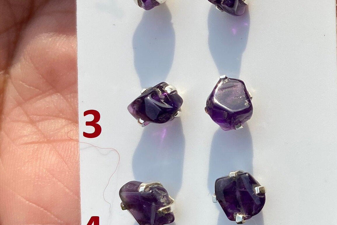 Tiny Raw Amethyst Sterling Silver Earring, Raw Prong Set Stud Earrings, Amethyst Stud Earring, February Birthstone, Small Gemstone Earrings