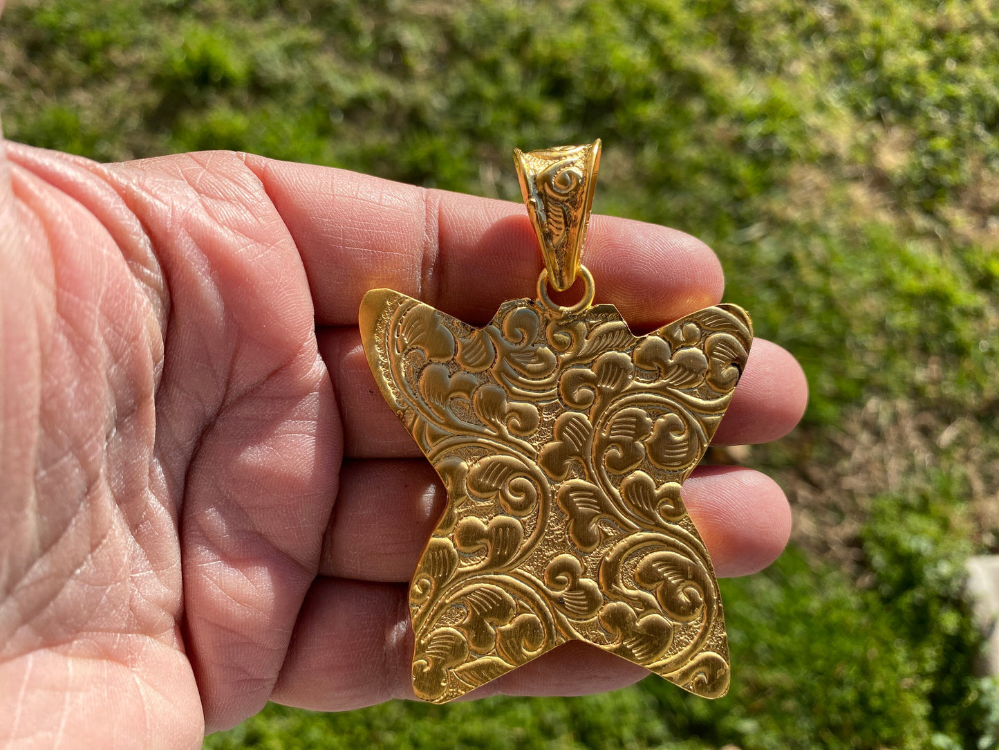 Tree Agate Natural Stone Pendant, 18K Brushed Gold Overlay Non Tarnish, Traditional Jewelry, Butterfly Designs, Large Bail Pendant, Boho