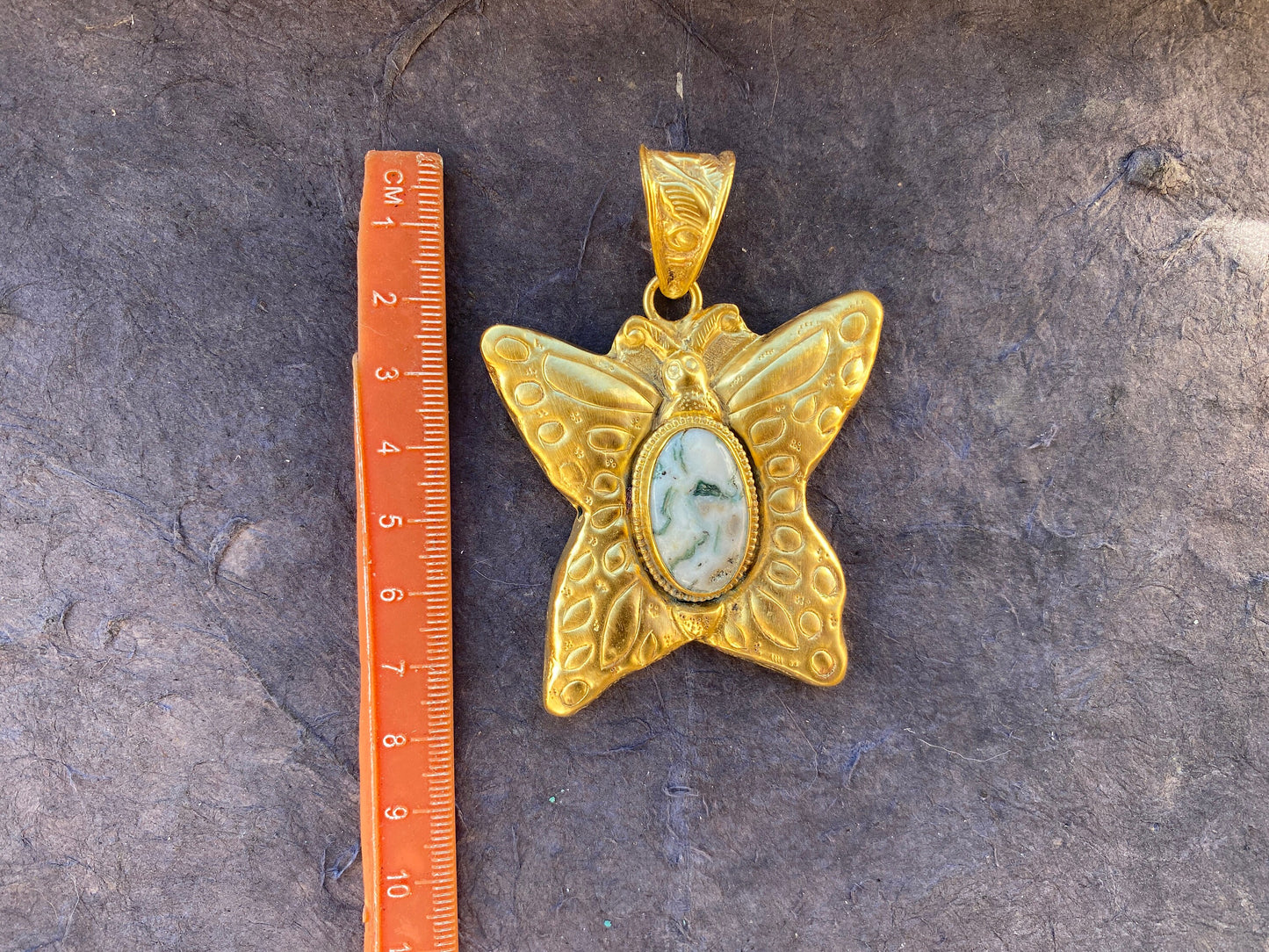 Tree Agate Natural Stone Pendant, 18K Brushed Gold Overlay Non Tarnish, Traditional Jewelry, Butterfly Designs, Large Bail Pendant, Boho