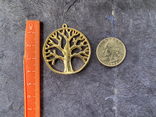 Tree of Life Circle Pendant with One Ring, 41 X 38mm, Brushed Gold Overlay Over Copper. Large Earrings Components,