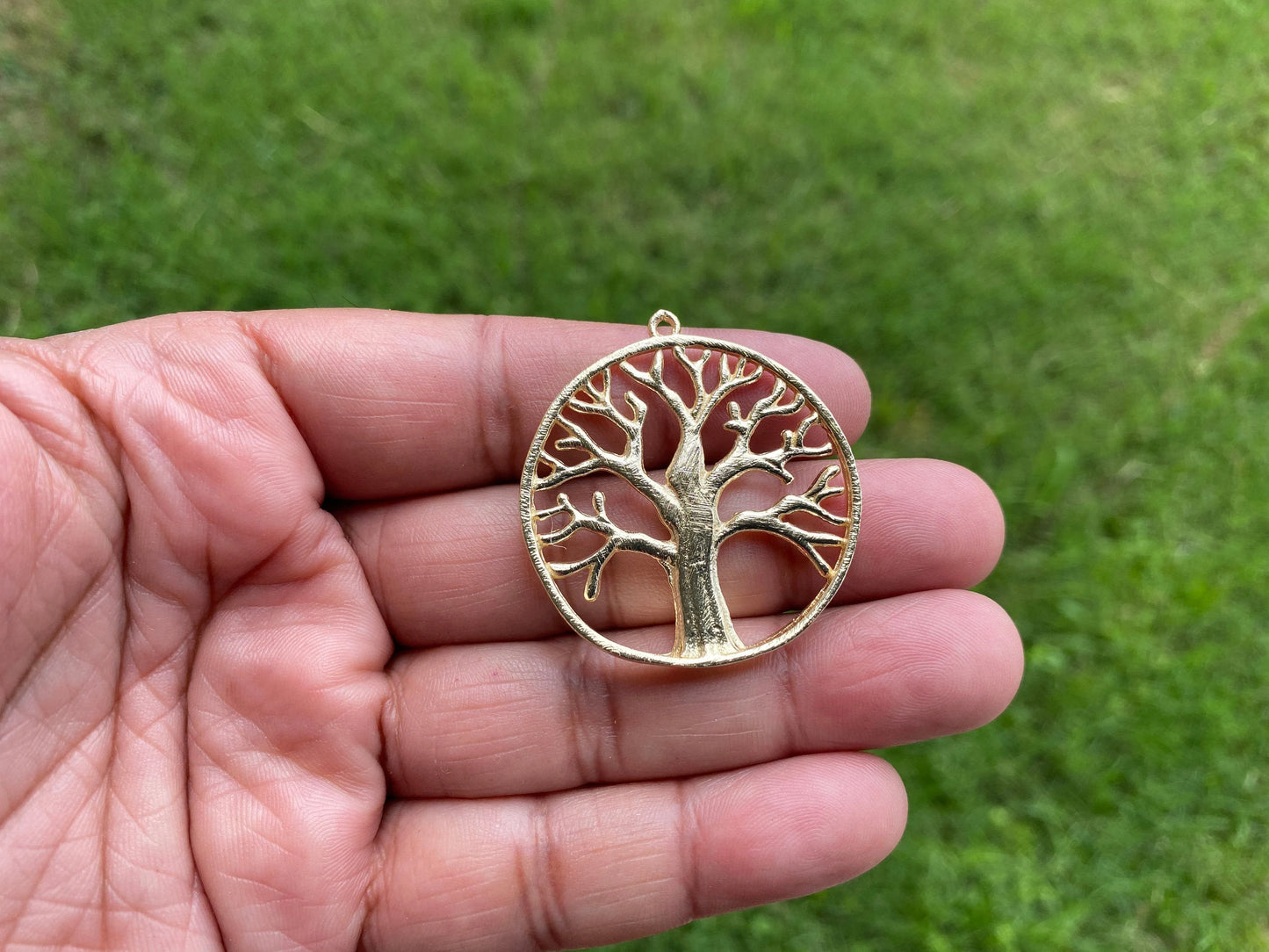 Tree of Life Circle Pendant with One Ring, 41 X 38mm, Brushed Gold Overlay Over Copper. Large Earrings Components,