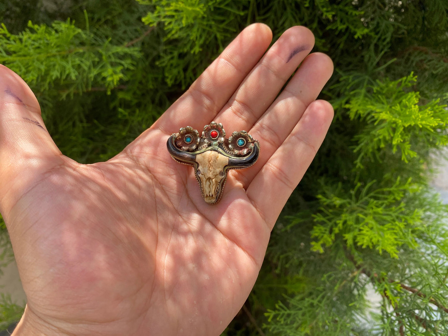 Tribal Treasures: Longhorn Bull Pendant in Tibetan Silver with Turquoise and Coral, Tibetan Silver Bull Pendant.