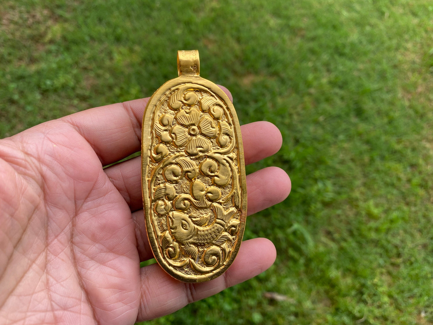 Trisula 18k Brushed Gold Overlay Non Tarnish, Trident with Damru, Shiva's Weapon, Hindu God Siva, Universal Symbol, Spiritual Hindu Amulet