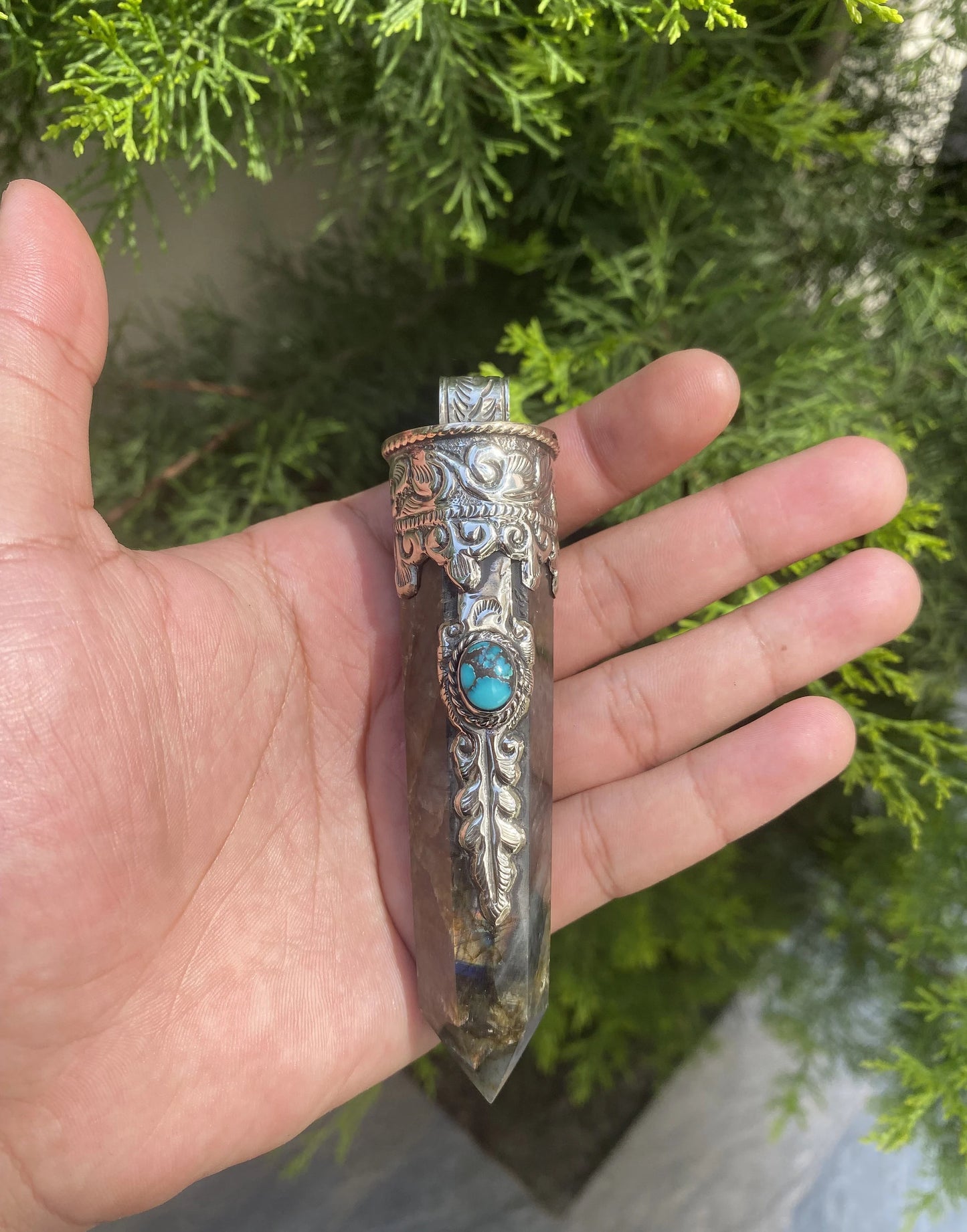 Turquoise-Enhanced Pointed Labradorite Jewelry, Pointed Labradorite Pendant with Turquoise Accent.