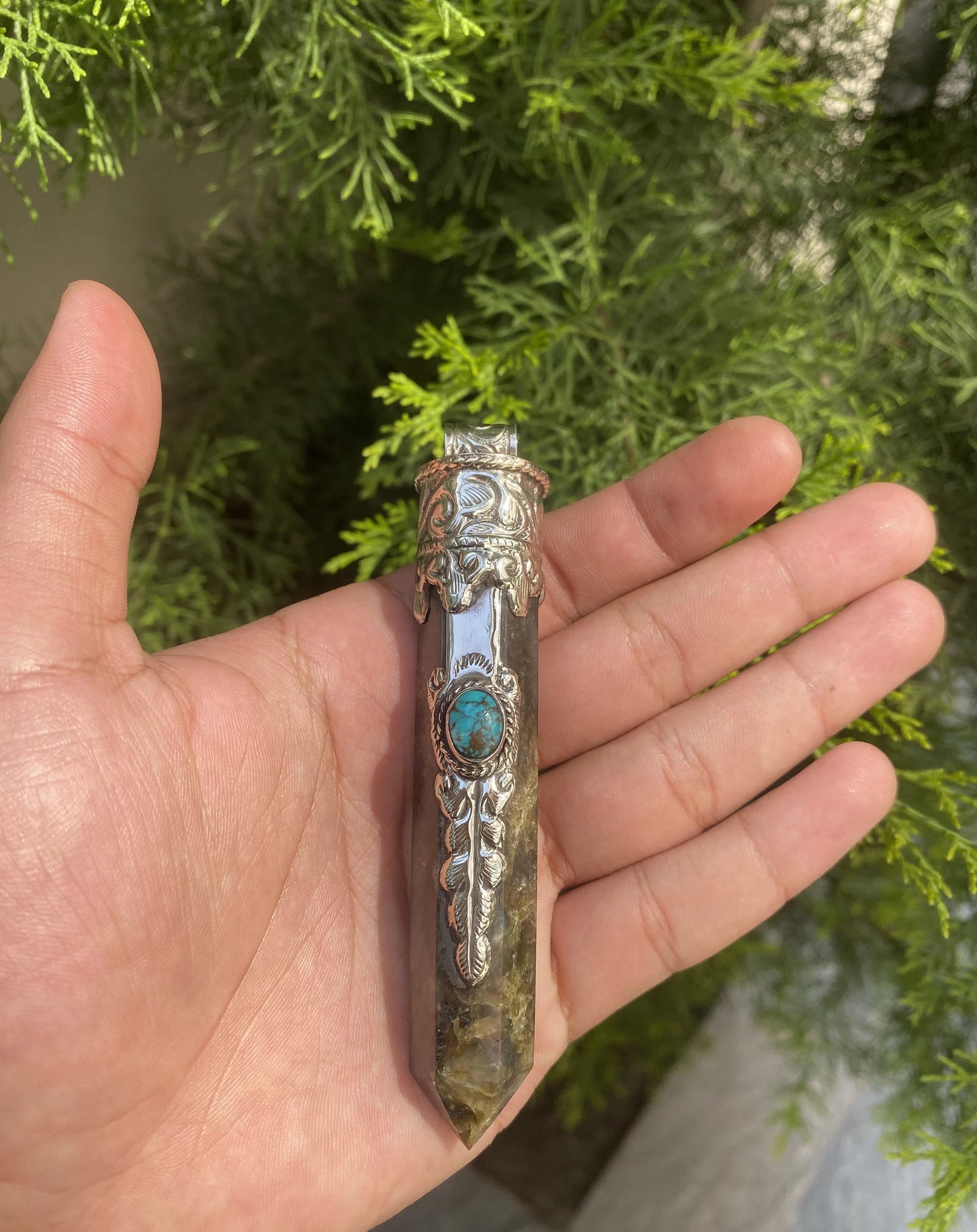 Turquoise-Enhanced Pointed Labradorite Jewelry, Pointed Labradorite Pendant with Turquoise Accent.