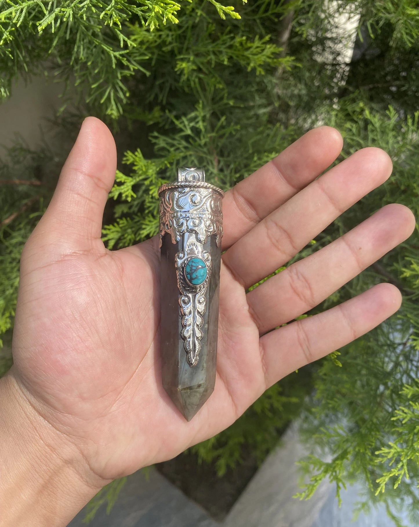 Turquoise-Enhanced Pointed Labradorite Jewelry, Pointed Labradorite Pendant with Turquoise Accent.