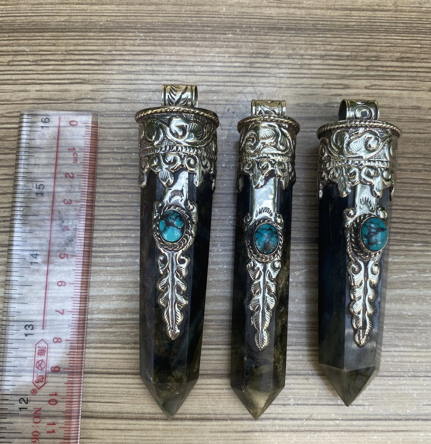 Turquoise-Enhanced Pointed Labradorite Jewelry, Pointed Labradorite Pendant with Turquoise Accent.