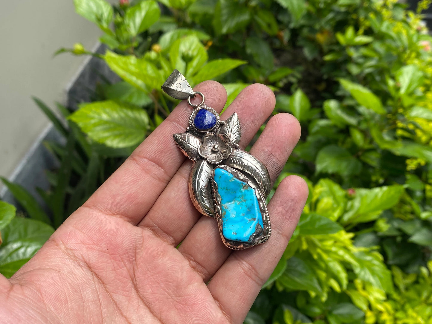 Turquoise Elegance: Unique Turquoise Pendant for Daily wear adorned with Lapis and Tibetan Silver, Trendy Turquoise Pendant , Perfect Gift.
