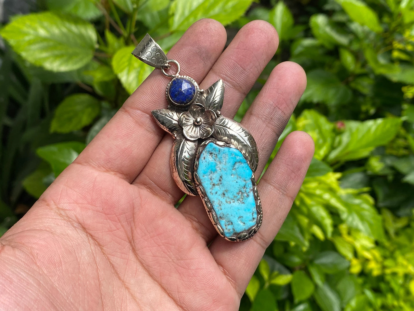 Turquoise Elegance: Unique Turquoise Pendant for Daily wear adorned with Lapis and Tibetan Silver, Trendy Turquoise Pendant , Perfect Gift.