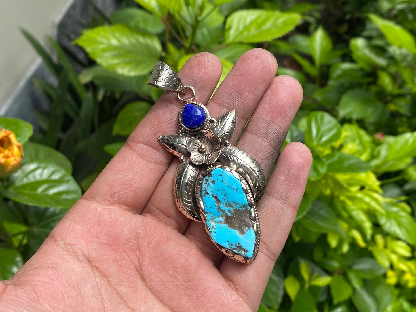 Turquoise Elegance: Unique Turquoise Pendant for Daily wear adorned with Lapis and Tibetan Silver, Trendy Turquoise Pendant , Perfect Gift.