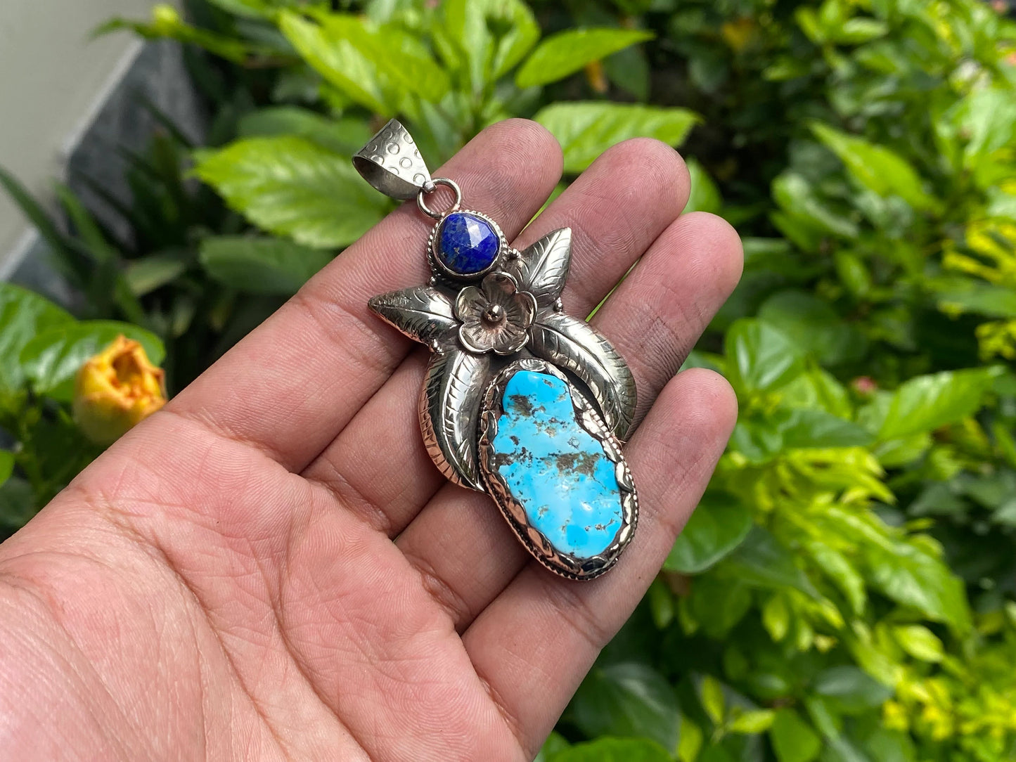 Turquoise Elegance: Unique Turquoise Pendant for Daily wear adorned with Lapis and Tibetan Silver, Trendy Turquoise Pendant , Perfect Gift.