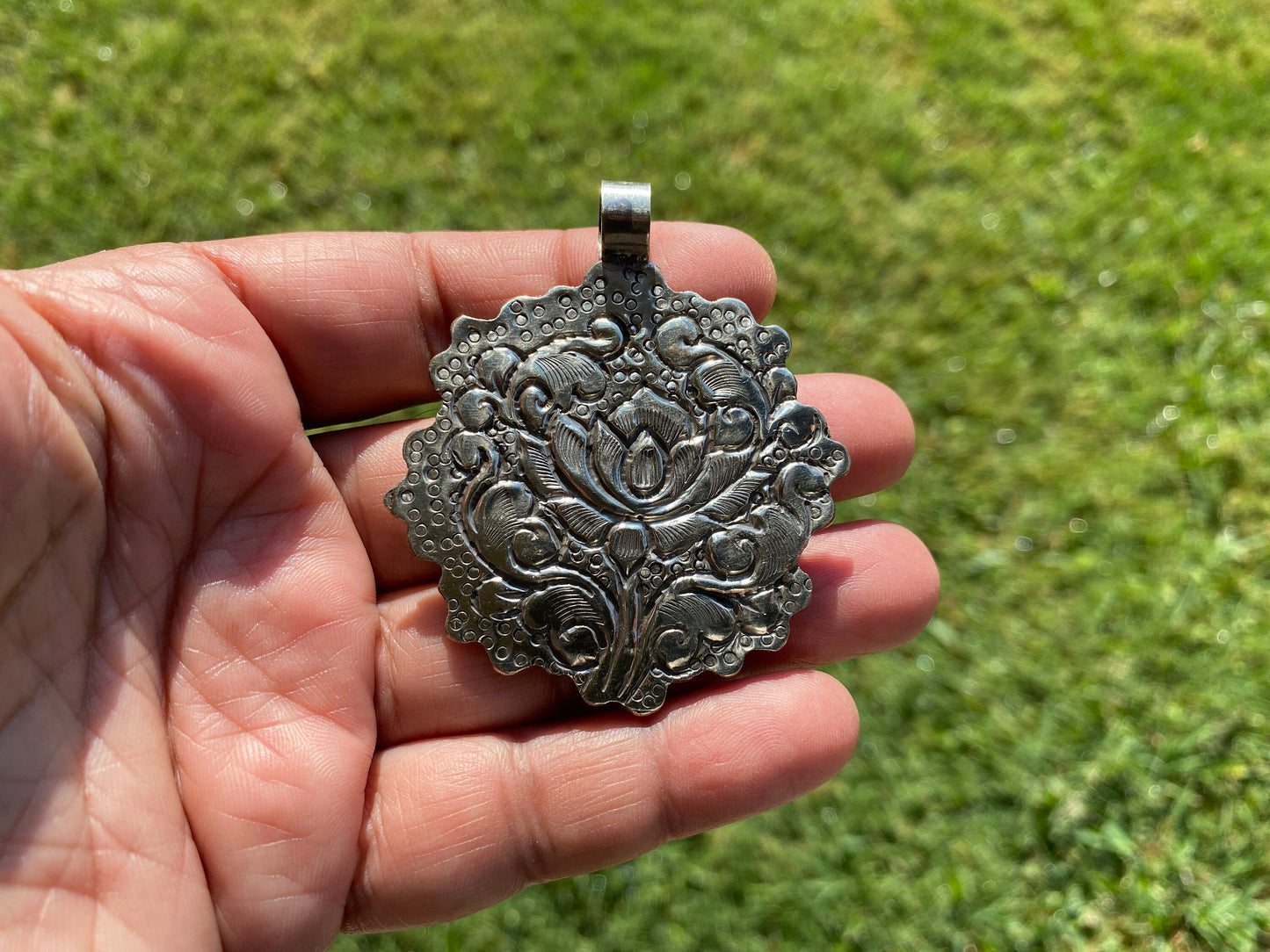Turquoise Large Circle Tibetan Silver Pendant for Necklace Jewelry, Bohemian Jewelry, Blue Turquoise Pendant, Lotus Flower Designs